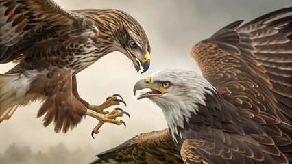 Obraz premium Clash of Titans: An intense and dramatic depiction of an eagle and a hawk in a face-off, showcasing the power struggle, capturing the raw energy and untamed spirit of the wilderness.
