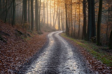 Fototapeta premium A dirt road winding through a dense forest, surrounded by trees and foliage