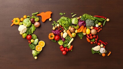 vegetables ingredients food world map, A colorful map of the world created with fresh vegetables and fruits.