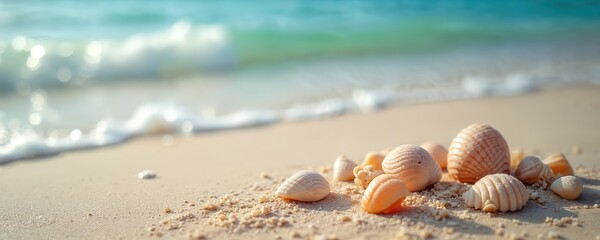 Seashells on sandy sea beach with turquoise ocean wave summer vacation background. Tropical holiday banner with marine sand shells, sun light, sea foam. Relax travel paradise scenic template.