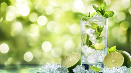 Refreshing mint lime cocktail with ice cubes and fresh lime slices on a green bokeh background