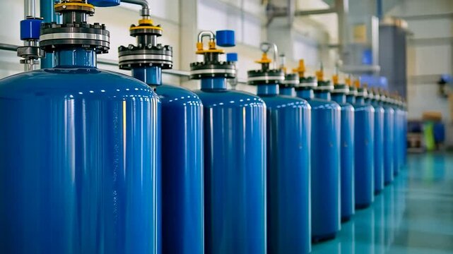 Blue industrial gas cylinders in factory
