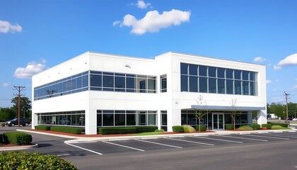Obraz premium Modern commercial office building under a clear blue sky, symbolizing business growth, corporate infrastructure, and urban development