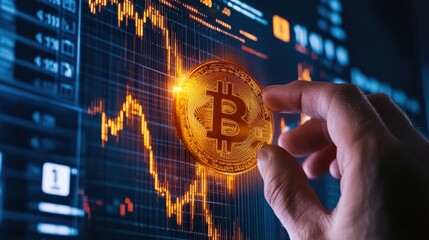 Hand Reaching for Bitcoin on Digital Cryptocurrency Graph Background