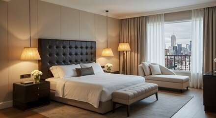Fototapeta premium Inviting Hotel Bedroom Suite with City View and Modern Interior Design