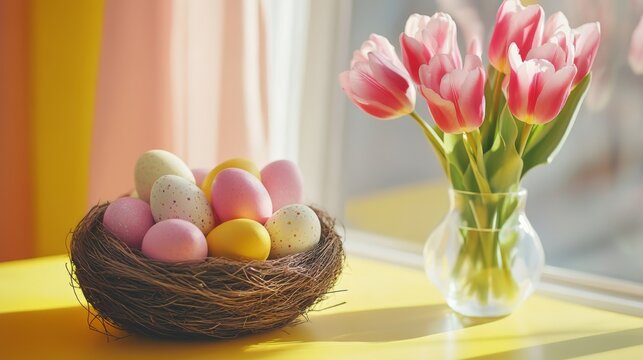 Colorful easter eggs in nest beside pink tulips in sunlit room