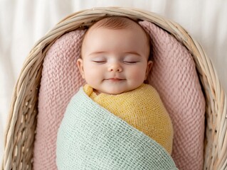 Newborn baby sleeping peacefully in a cozy basket indoor portrait soft atmosphere tranquil scene