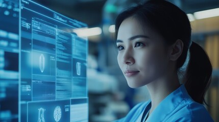 Female young professional analyzing data on futuristic digital screen in high-tech environment