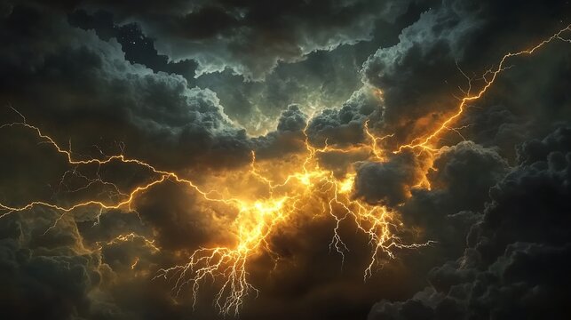 Glowing lightning in night sky, dramatic energy burst, storm clouds
