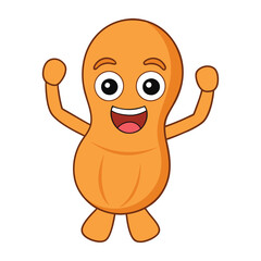A cheerful cartoon peanut with a big smile raises its arms in excitement. Its shell is light brown with a textured pattern, and it has bright, joyful eyes full of energy.
