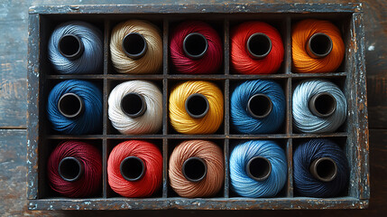 Fototapeta premium A vintage wooden box overflows with spools of vibrant thread, showcasing a rich tapestry of colors. This image evokes creativity, craftsmanship, and a nostalgic feel.