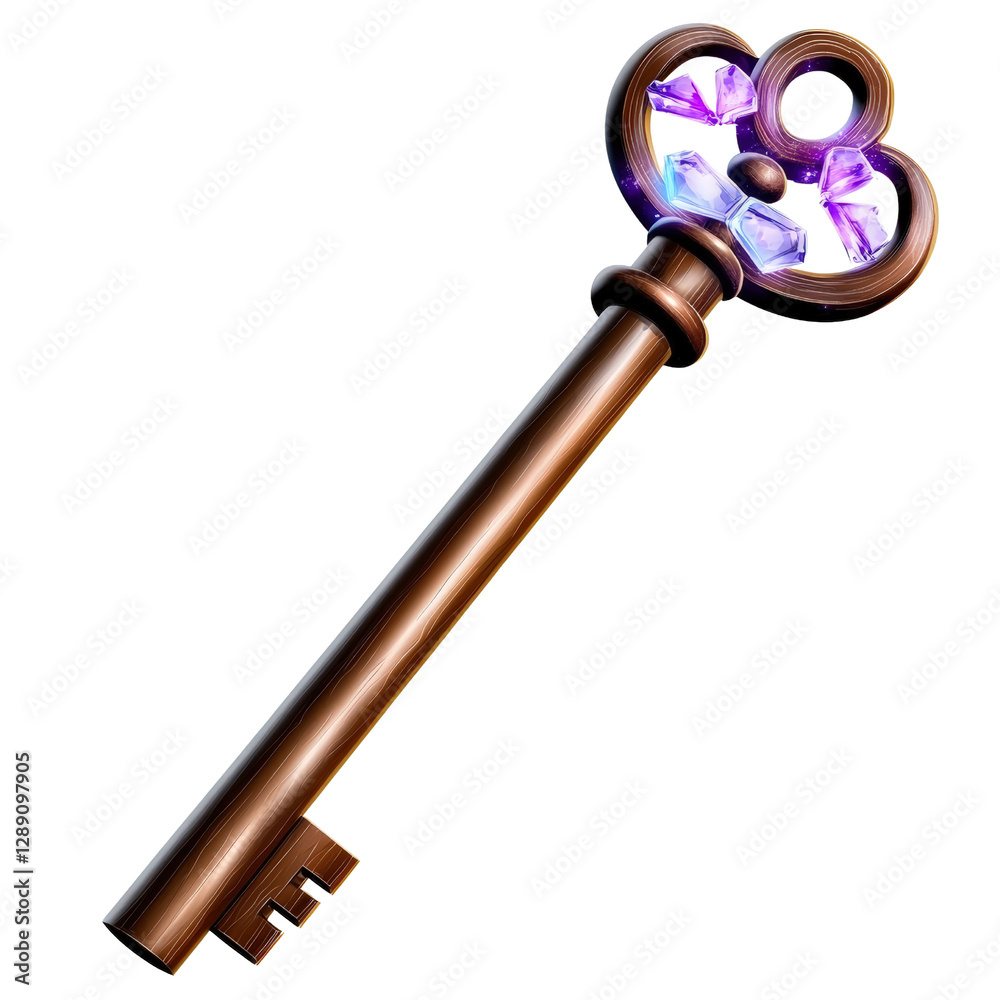 Poster key illuminated with purple light on a dark surface showcasing intricate design and unique features 