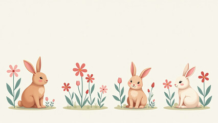 cute bunny flowers easter cards flat style vector illustration