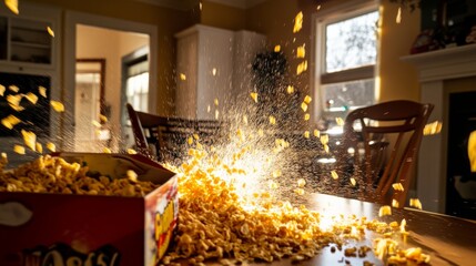 Obraz premium Popcorn Explosion in Kitchen with Sunlight and Messy Table