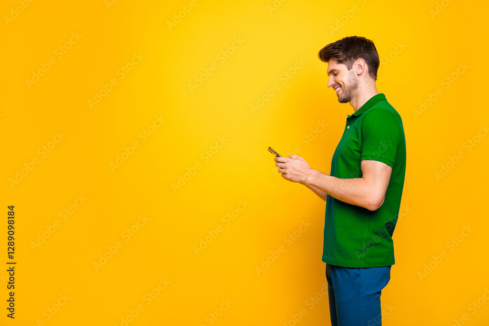 Aufkleber profile side view portrait of his he nice attractive cheerful cheery addicted guy using digital devi