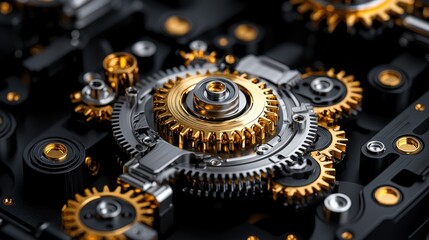 Detailed view of intricate gears and mechanisms. Close-up mechanical engineering illustration. Possible use Stock photo for technology or engineering concepts