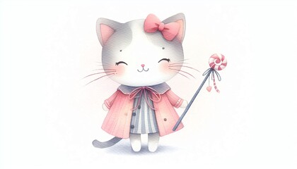 Minimalist watercolor illustration of Cute cartoon cat
