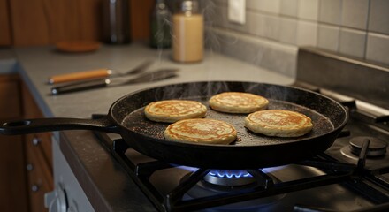 Cooking Pancakes on a Cast Iron Skillet on a Gas Stove