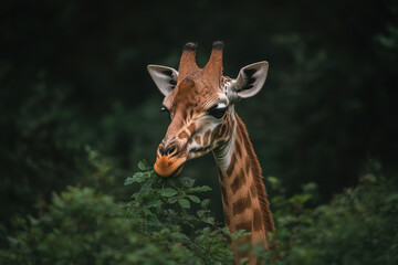Obraz premium A giraffe is eating leaves from a bush
