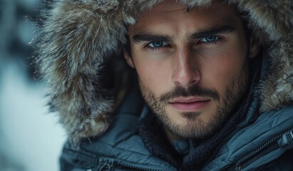 Winter portrait of a man in a fur-lined hooded jacket