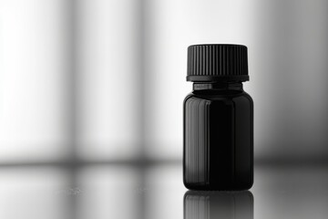Close-Up of a Mysterious Black Vial on a Reflective Surface in a Minimalist Modern Setting with Soft Lighting and Abstract Background