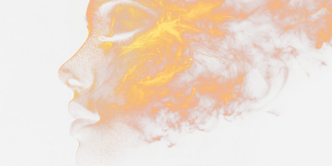 Fiery face, woman engulfed in flames, profile view.