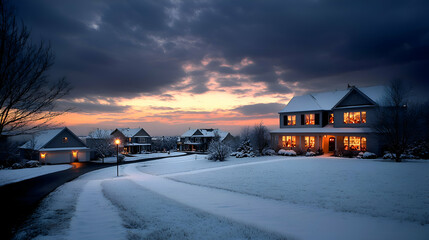 Snow Covered Houses at Sunset in a Winter Village
