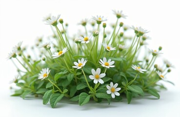 Close-up of chamomile flowers with green leaves on white background. Small blossoms, herbs, medicinal plant. Daisy blooms in spring summer. Wildflower floral meadow, botanical herb. Homeopathy