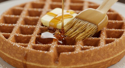 Pouring Sweet Maple Syrup onto Waffle with Butter and Brush