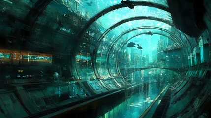 Obraz premium Futuristic underwater city glass painting of an underwater metro. Glass City Underwater. Illustration
