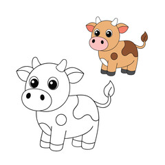 Cute cow cartoon coloring page featuring a happy cow with big eyes, a round body, and playful spots. Perfect for kids to color and enjoy farm animal fun!