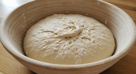Proofing sourdough bread dough in round banneton on wooden table