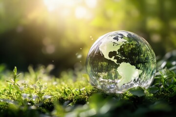 Environment Concept - Globe Glass In Green Forest With Sunlight. Blurred background.