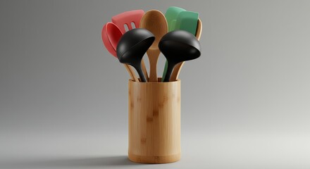 Kitchen utensil set in bamboo holder against grey background still life