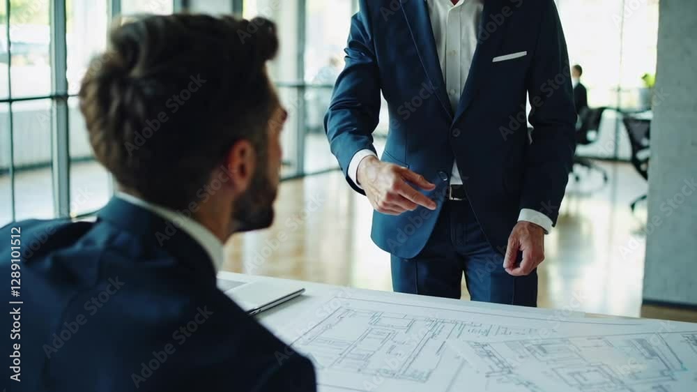 Poster Senior and junior engineers collaborating while reviewing architectural blueprints at modern workplace, analyzing project details with focused professional interaction in slow motion sequence