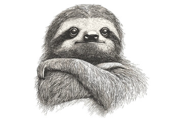 Black sketch sloth, hand-drawn vintage art, old engraving style, animal print, trendy illustration, white background, nature-inspired design, wildlife sketch. © Vintage studio