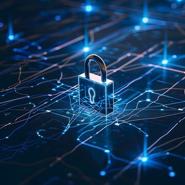 blue unlocked padlock symbolizing online security on digital network background. generative ai