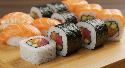 Assorted Sushi Rolls with Salmon and Tuna on a Wooden Board