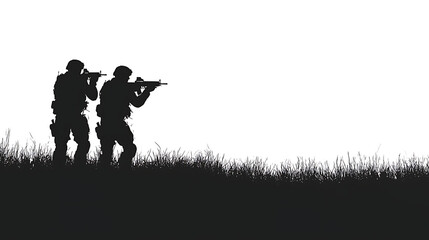 Silhouette of two soldiers with guns protecting civilians, white copy space background for designs