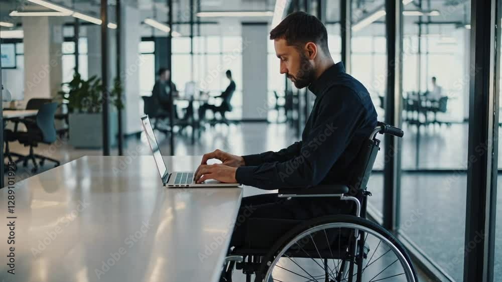 Poster office worker with disability using a laptop at his desk in a bright and modern office, captured in 