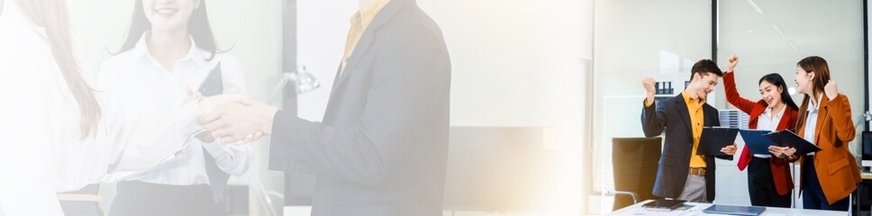 Three Asian business professionals gather in boardroom for annual meeting, discussing strategic goals, future projections while proposing ideas, engaging in decision-making for corporate growth.