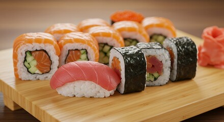 Assorted sushi rolls and nigiri on wooden board for healthy eating
