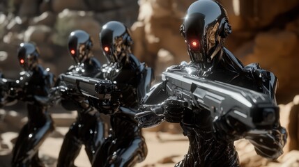Enigmatic Metallic Android Squad Armed with Futuristic Weapons in Desert
