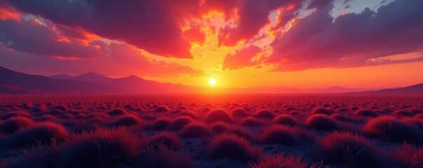 Fototapeta premium Sunset over a vast open space with orange hues blending into deep blues and purples, orange, nature, vast