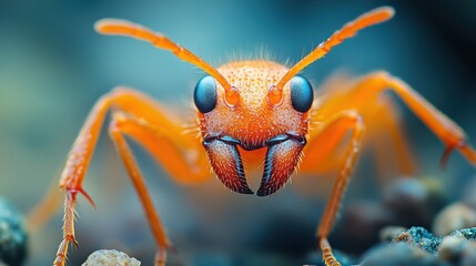 Fototapeta premium Extreme close-up of an orange ant, showcasing intricate details of its body and face.