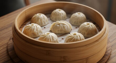 Steaming Xiaolongbao Soup Dumplings in Bamboo Steamer Ready to Eat