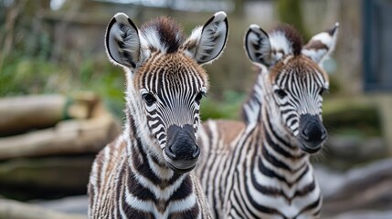 Fototapeta premium Two zebras posing side by side, highlighting their stripes and unique bond