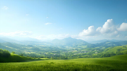 Obraz premium Bright Sunny Day Landscape of Lush Green Valley and Rolling Hills
