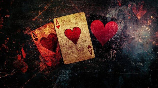 Three Aces of Hearts Playing Cards - Grungy textured of three aces of hearts playing cards on a dark background. Perfect for game, gambling, or luck concepts