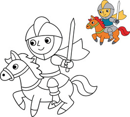 A fun knight-on-horse jousting cartoon coloring page featuring a brave knight in armor, holding a lance, charging on a galloping horse toward a thrilling tournament duel!